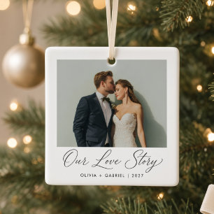 Our Love Story Personalized Wedding Photo Couple Ceramic Ornament