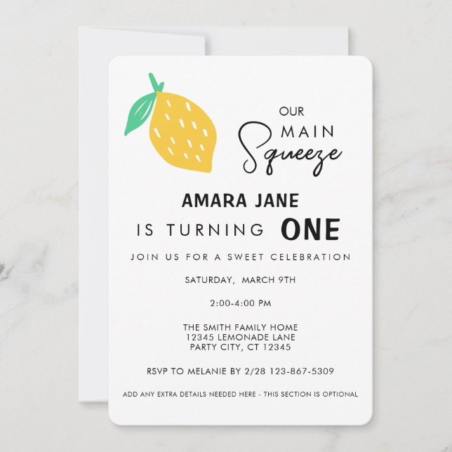 Our Main Squeeze Lemon Theme Birthday Invitation (Front)