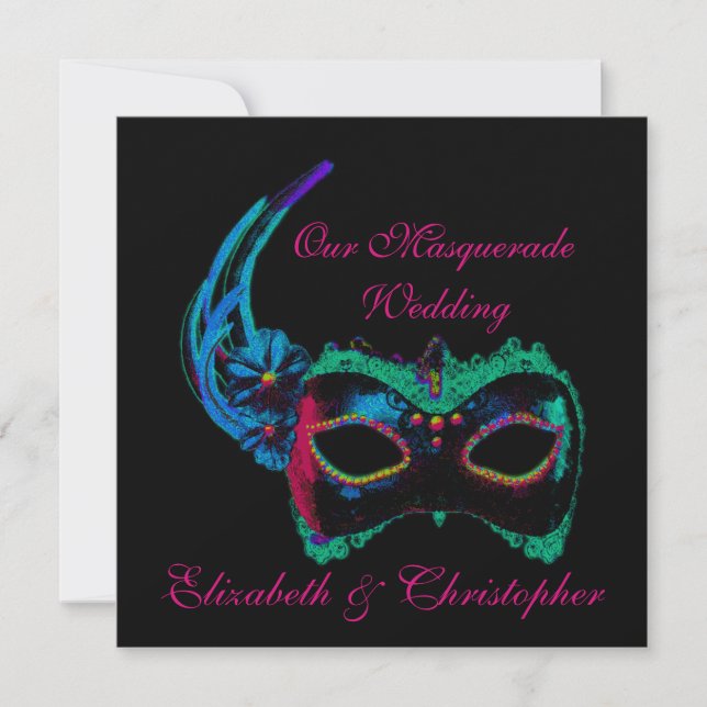 "Our Masquerade Wedding" - Blue and Pink Invitation (Front)