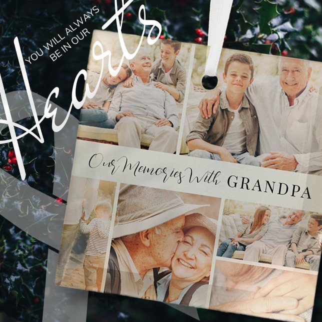 Our Memories with Grandpa Modern Photo Collage Glass Ornament (Creator Uploaded)