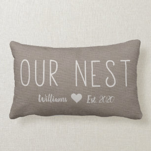 Our Nest Name Est. Rustic Linen Personalized Lumbar Pillow
