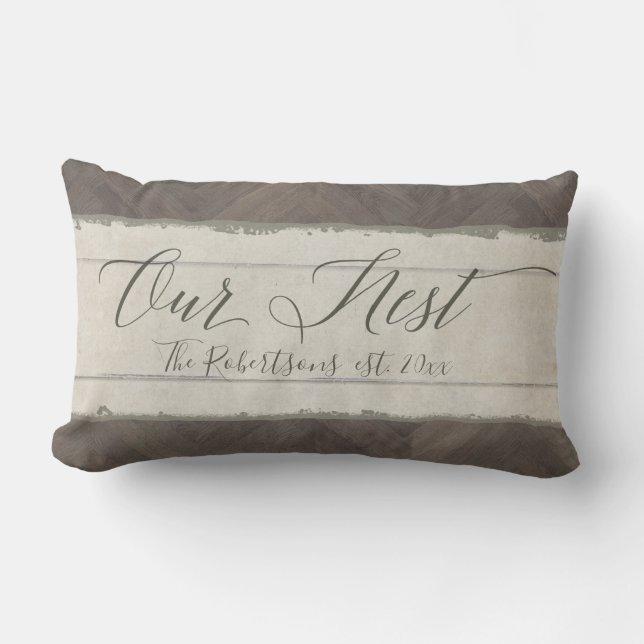 Our Nest Rustic Farm Farmhouse Wood Family Name Lumbar Pillow (Front)