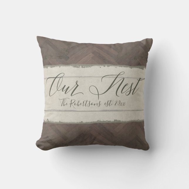 Our Nest Script Modern Farmhouse Wood Family Name Throw Pillow (Front)