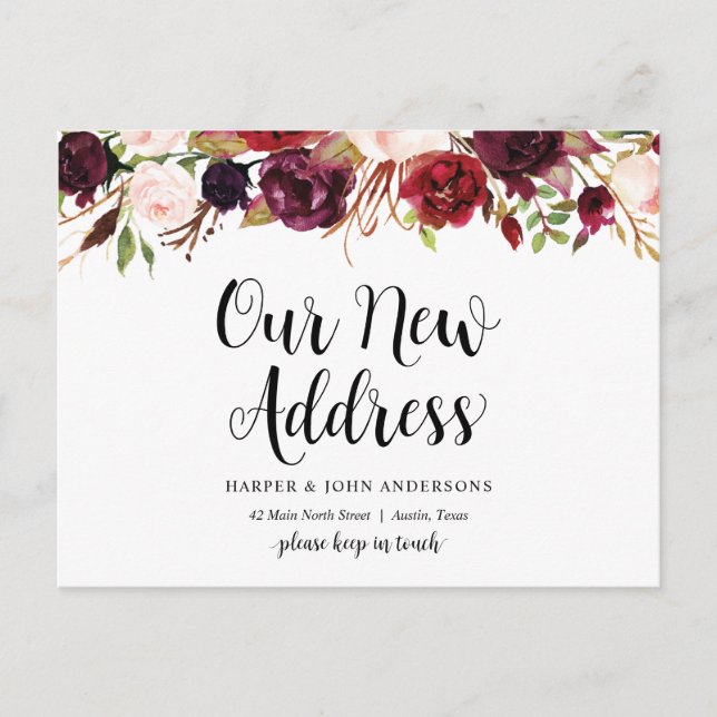 Our New Address, burgundy floral, Announcement Postcard (Front)