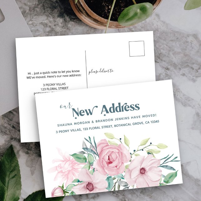 Our New Address Peonies Floral Moving Announcement Postcard (New Address postcard with pink peony rose flowers)