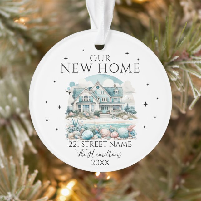 Our New Beach Home Custom Address Christmas Ornament (Tree)