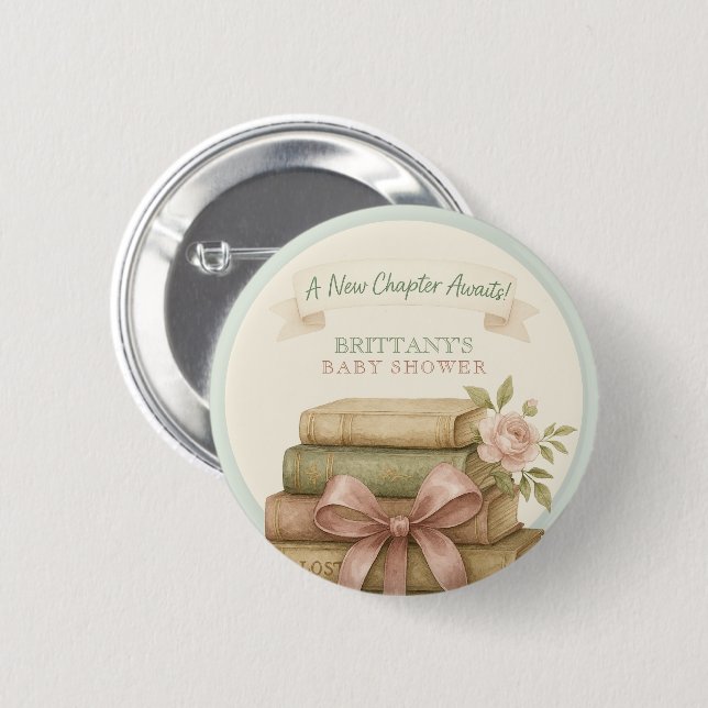 Our New Chapter Awaits Pink Bow Baby Shower 2 Inch Round Button (Front & Back)