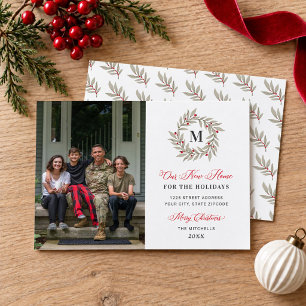 Our New Home Christmas Greenery Monogram Photo Holiday Card