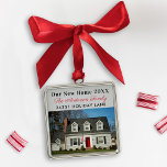 Our New Home Elegant Custom Photo Metal Ornament<br><div class="desc">This elegant "Our New Home" keepsake ornament for new homeowners features a photo of the home with custom text that can be personalized with the year, your family name, and street address.The red and black text and the light silver / grey background can be customized. Makes a wonderful housewarming gift!...</div>