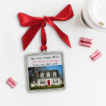 Our New Home Elegant Custom Photo Metal Ornament<br><div class="desc">This elegant "Our New Home" keepsake ornament for new homeowners features a photo of the home with custom text that can be personalized with the year, your family name, and street address.The red and black text and the light silver / grey background can be customized. Makes a wonderful housewarming gift!...</div>