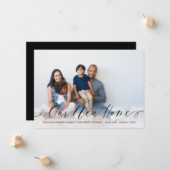 Our New Home Elegant Script Family Photo Moving Announcement (Front/Back In Situ)