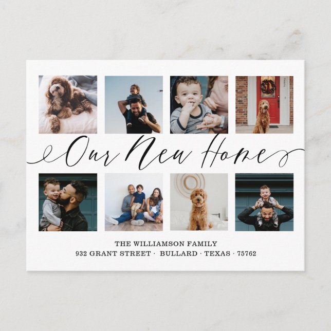 Our New Home Elegant Script Photo Collage Moving Postcard (Front)