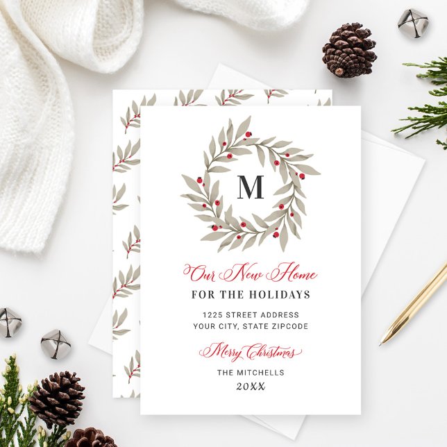 Our New Home for the Holidays Monogram Wreath Holiday Card (Creator Uploaded)