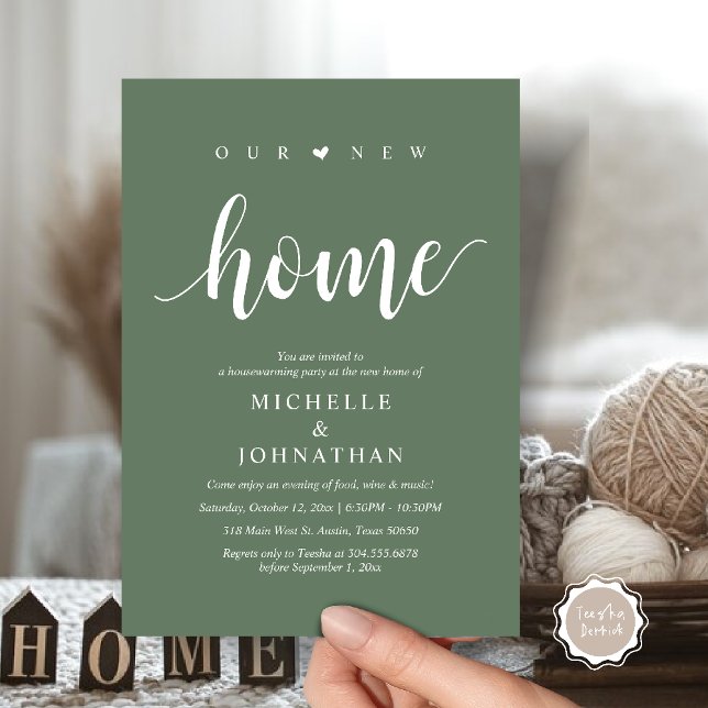 Our new home, Housewarming party invitation cards (Our new home, Housewarming party invitation card, first house invites, in sage green)