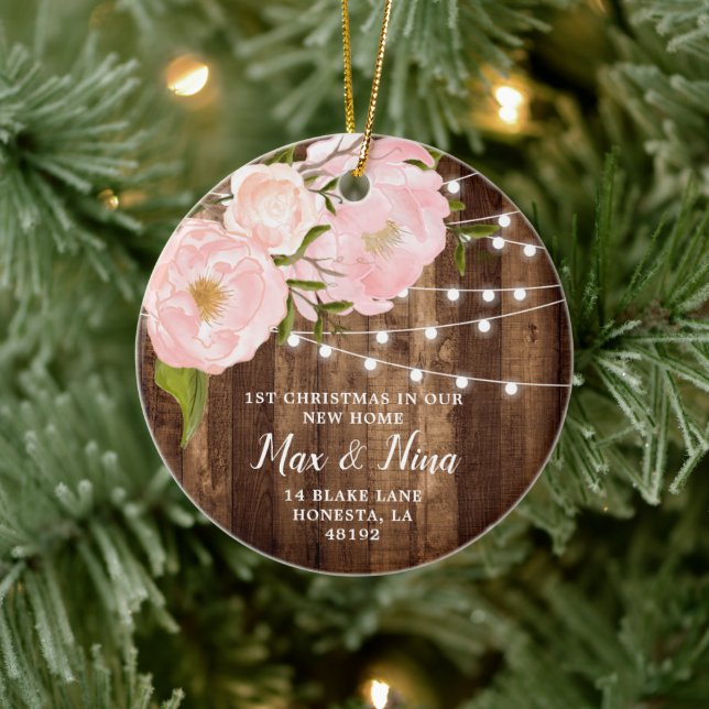 Our New Home Personalized Woodgrain String Lights Ceramic Ornament (Tree)