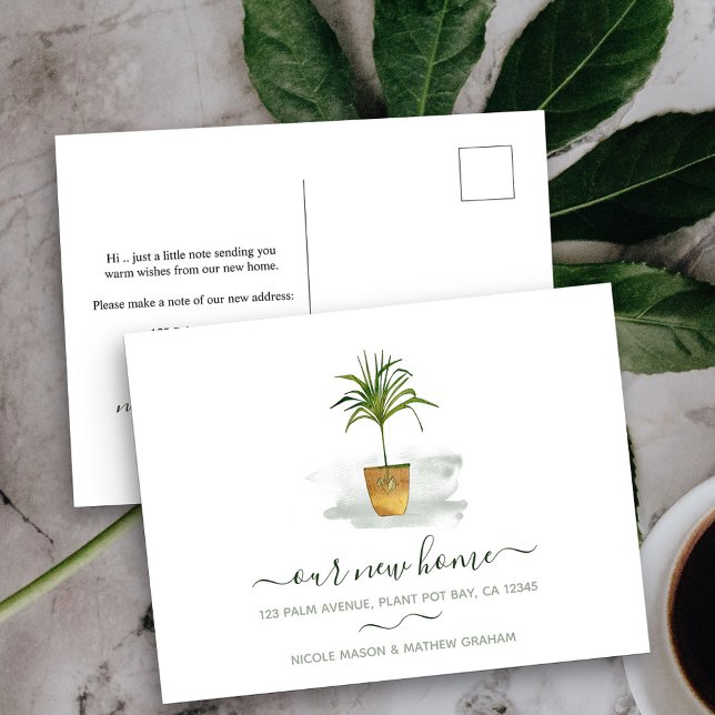 Our New Home Potted Palm Plant Moving Announcement Postcard (New Address postcard with elegant watercolor potted plant)