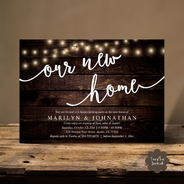 Our new home, Rustic Housewarming party Invitation (Our new home, Rustic Housewarming party Invitation Card PDF Cottage String Light brown wood)