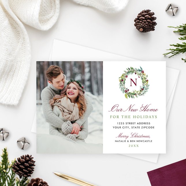Our New Home Winter Greenery Monogram Photo Holiday Card (Creator Uploaded)