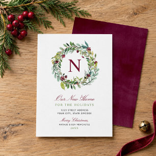 Our New Home Winter Greenery Monogram Wreath Holiday Card