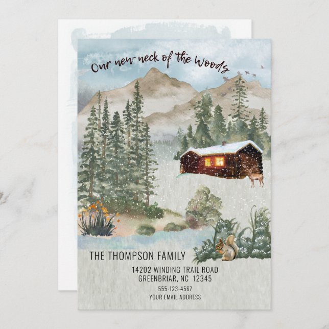 Our New Neck of the Woods Pine Tree Cabin Moving  Card (Front/Back)