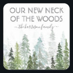 Our New Neck Of The Woods Watercolor Pine Forest Square Sticker<br><div class="desc">Celebrate in style with these stylish and very trendy wedding stickers. This design is easy to personalize with your special event wording and your guests will be thrilled when they receive these fabulous stickers. Perfect for a housewarming party or for sending out change of address cards.</div>