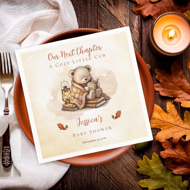 Our Next Chapter Cub Fall Teddy Bear Baby Shower Napkin (Our Next Chapter Little Cub Teddy Bear personalized fall baby shower paper napkins)