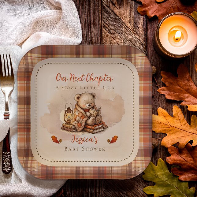 Our Next Chapter Fall Teddy Bear Cub Baby Shower Paper Plate (Our Next Chapter teddy bear cub personalized fall baby shower paper plates)