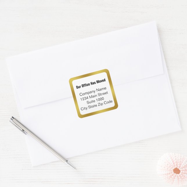 Our Office Has Moved Black White Gold Business Square Sticker (Envelope)