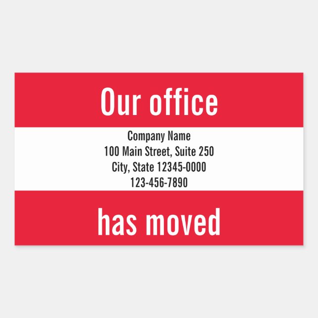 Our Office Has Moved Red White Moving Announcement Sticker (Front)