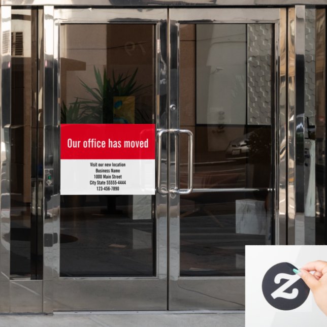 Our Office Has Moved Red White Moving Announcement Window Cling (Office Door)