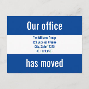 Our Office Have Moved Blue and White Announcement Postcard
