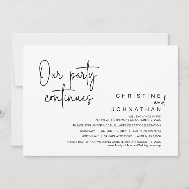 Our Party Continues, Wedding Elopement Dinner Invitation (Front)