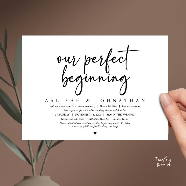Our Perfect Beginning, Wedding Elopement Party Invitation (Our Perfect Beginning, Wedding Elopement Party Invitation Card in Black and white)