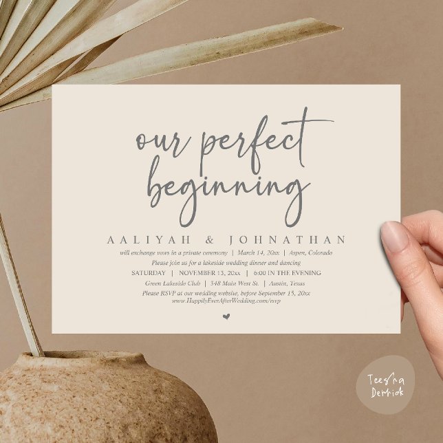 Our Perfect Beginning, Wedding Elopement Party Invitation (Our Perfect Beginning, Wedding Elopement Party Invitation Card in Cream Grey)