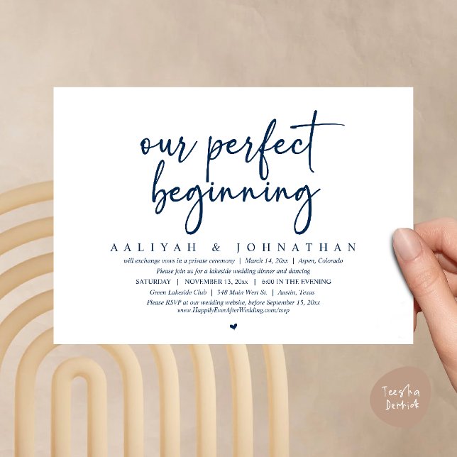 Our Perfect Beginning, Wedding Elopement Party Invitation (Our Perfect Beginning, Wedding Elopement Party Invitation card in navy blue)