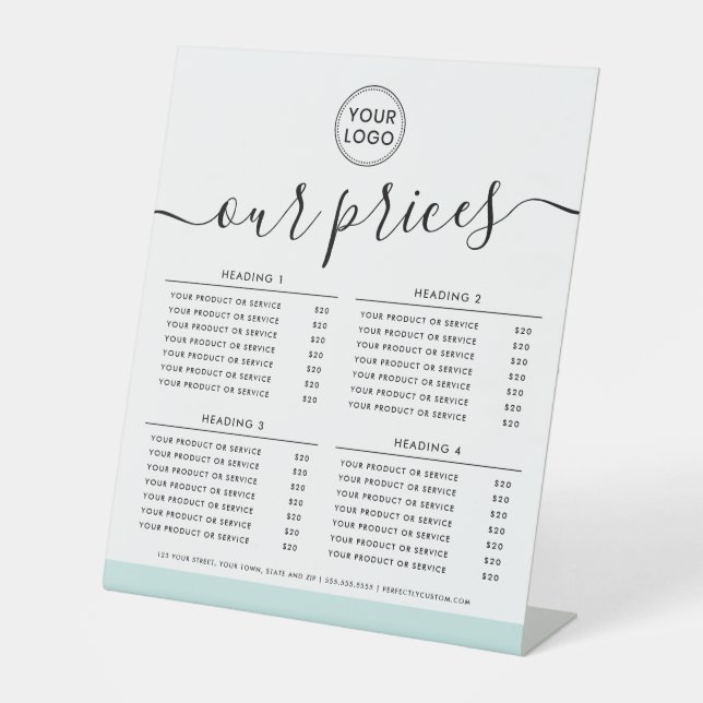 Our prices logo light aqua blue border price list  pedestal sign (Front)