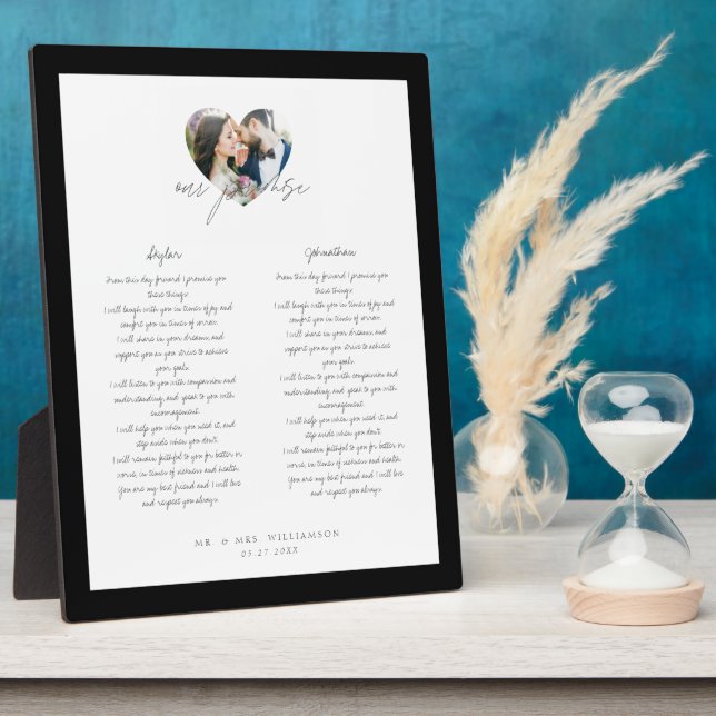 Our Promise Newlyweds Wedding Vows Heart Photo Plaque (Side)