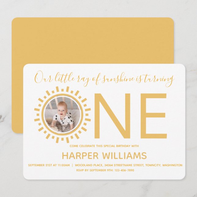 Our Ray of Sunshine Photo Baby First Birthday Invitation (Front/Back)