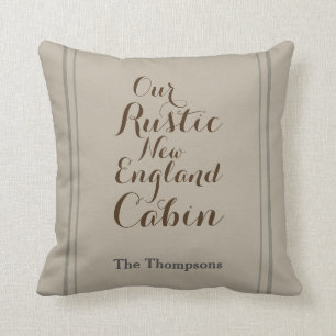 "Our Rustic New England Cabin"; Custom Family Name Throw Pillow