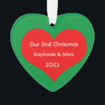 Our Second Christmas Together 2023 Cute Red Heart  Ornament<br><div class="desc">Personalized names and printed with cute red heart design in solid green background. Feel free to customize by adding your own texts,  names or photos. You can add your photo on the back side of the ornament easily!
The colour of the background can also be changed as you want.</div>
