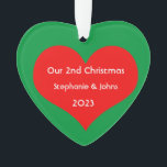 Our Second Christmas Together 2023 Cute Red Heart  Ornament<br><div class="desc">Personalized names and printed with cute red heart design in solid green background. Feel free to customize by adding your own texts,  names or photos. You can add your photo on the back side of the ornament easily!
The colour of the background can also be changed as you want.</div>