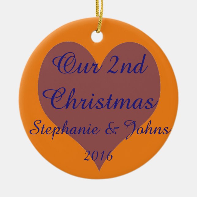 Our Second Christmas Together Blue Orange Heart Ceramic Ornament (Front)