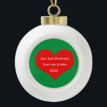 Our Second Christmas Together Cute Red Heart 2023  Ceramic Ball Christmas Ornament<br><div class="desc">Personalized names and printed with cute red heart design in solid green background. Feel free to customize by adding your own texts,  names or photos. You can add your photo on the back side of the ornament easily!
The colour of the background can also be changed as you want.</div>