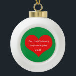 Our Second Christmas Together Cute Red Heart 2023  Ceramic Ball Christmas Ornament<br><div class="desc">Personalized names and printed with cute red heart design in solid green background. Feel free to customize by adding your own texts,  names or photos. You can add your photo on the back side of the ornament easily!
The colour of the background can also be changed as you want.</div>