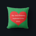 Our Second Christmas Together Cute Red Heart 2023  Outdoor Pillow<br><div class="desc">Personalized names and printed with cute red heart design in solid green background. Feel free to customize by adding your own texts,  names or photos. The colour of the background and the year can also be changed as you want!</div>