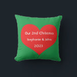 Our Second Christmas Together Cute Red Heart 2023  Outdoor Pillow<br><div class="desc">Personalized names and printed with cute red heart design in solid green background. Feel free to customize by adding your own texts,  names or photos. The colour of the background and the year can also be changed as you want!</div>