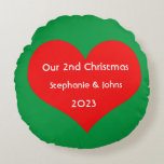 Our Second Christmas Together Cute Red Heart 2023  Round Pillow<br><div class="desc">Personalized names and printed with cute red heart design in solid green background. Feel free to customize by adding your own texts,  names or photos. The colour of the background and the year can also be changed as you want!</div>