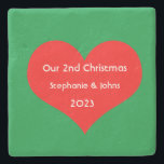 Our Second Christmas Together Cute Red Heart 2023  Stone Coaster<br><div class="desc">Personalized names and printed with cute red heart design in solid green background. Feel free to customize by adding your own texts,  names or photos. The colour of the background and the year can also be changed as you want!</div>