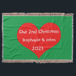 Our Second Christmas Together Cute Red Heart 2023  Throw Blanket<br><div class="desc">Personalized names and printed with cute red heart design in solid green background. Feel free to customize by adding your own texts,  names or photos. The colour of the background and the year can also be changed as you want!</div>