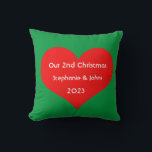 Our Second Christmas Together Cute Red Heart 2023  Throw Pillow<br><div class="desc">Personalized names and printed with cute red heart design in solid green background. Feel free to customize by adding your own texts,  names or photos. The colour of the background and the year can also be changed as you want!</div>